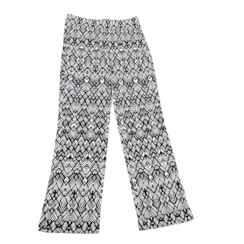 Karen Kane Crepe Wide Leg Flare Pants Aztec Geometric Print Black White Small
